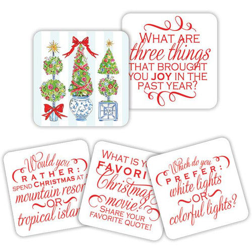 Handpainted Merry and Bright Topiaries Conversation Coasters