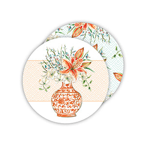 Handpainted Floral Tangerine Chinoiserie Vase Paper Coasters