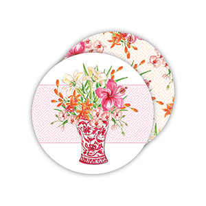 Handpainted Floral Red Chinoiserie Vase Paper Coasters