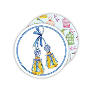 Handpainted Blue and Gold Elegant Tassels Round Coasters