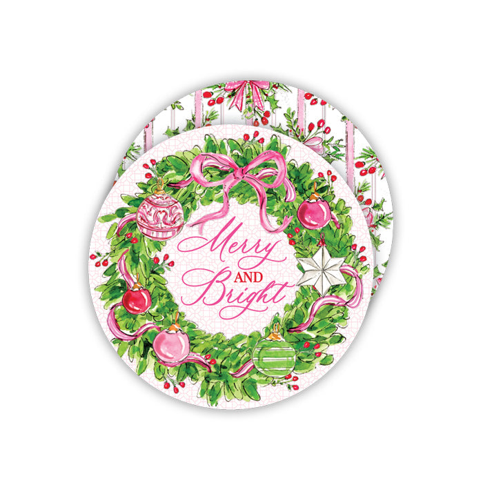 Pink Merry & Bright Wreath Paper Coasters