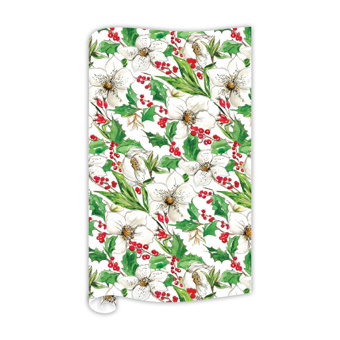 White Poinsettias with Berries Wrapping Paper
