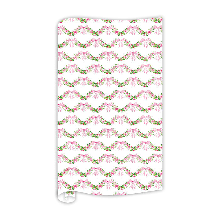 Pink Floral and Holly Swag Pattern Wrapping Paper