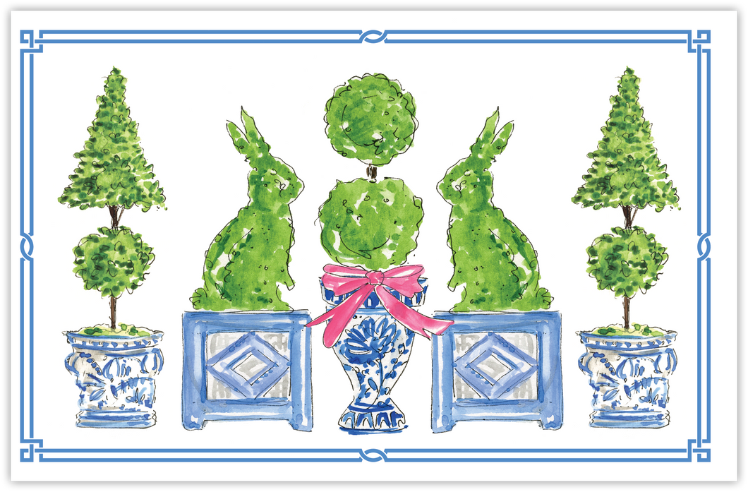 Handpainted Boxwood Topiary Bunnies Placemat