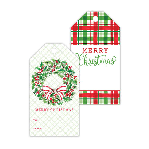 Holly Wreath with Bow & Holiday Plaid Gift Tags