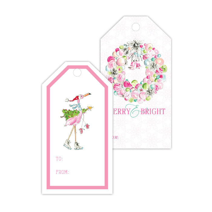 Holiday Flamingo & Vintage Ornament Wreath Gift Tags