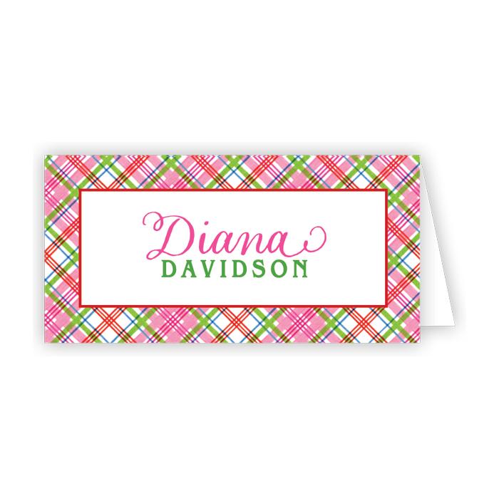 Handpainted Pink Holiday Plaid Place Card