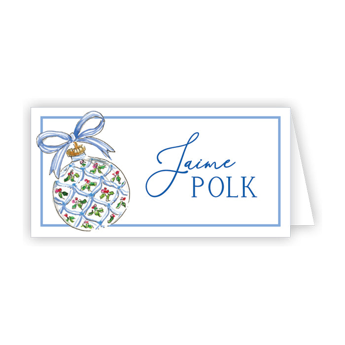 Blue Scallop Holly Berry Pattern Ornament Place Card