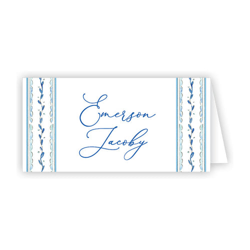 Decorative Blue Vine Stripe Pattern Place Card