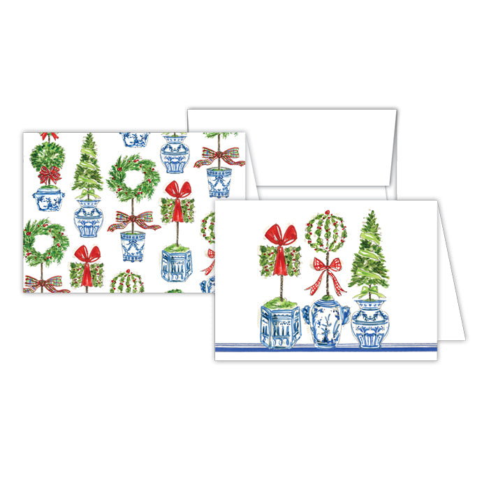 Holiday Topiary Trio-Assorted Holiday Topiaries in Blue Pots Stationery Note