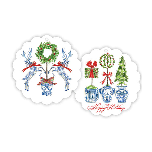 Holiday Reindeer With Topiary Wreath Scalloped Gift Tags
