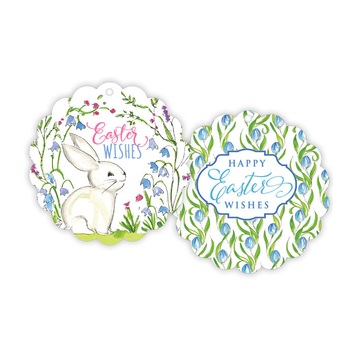 Easter Wishes Bunny and Blue and Green Floral Scalloped Gift Tags
