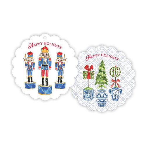 Happy Holidays Holiday Topiary Trio /Handpainted Nutcracker Trio Scalloped Gift Tags