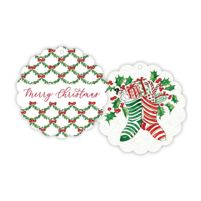Handpainted Stockings with Presents/Merry Christmas Holly Lattice Scalloped Gift Tags