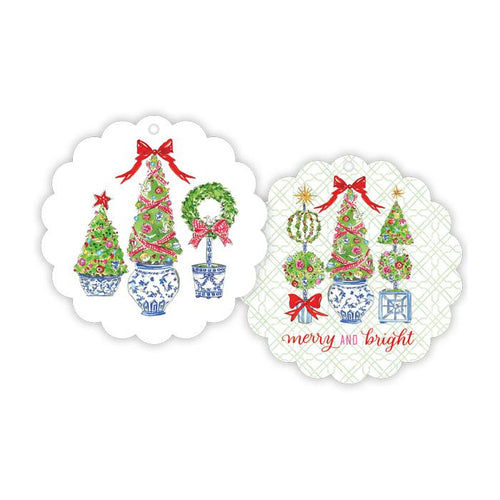 Merry and Bright Topiaries/Christmas Topiaries in Blue Chinoiserie Pots Scalloped Gift Tags