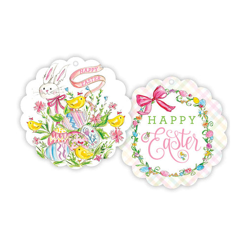 Happy Easter Handpainted Bunny with Eggs and Chic Scalloped Gift Tags