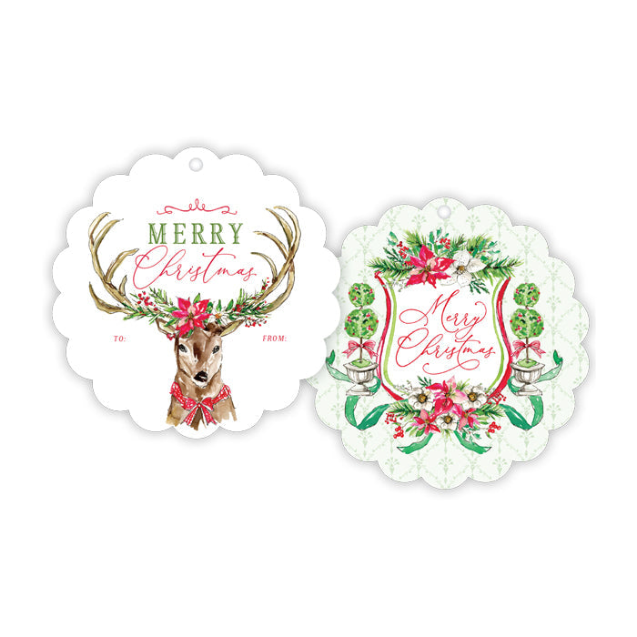 Vintage Deer with Holly Garland Scalloped Gift Tags