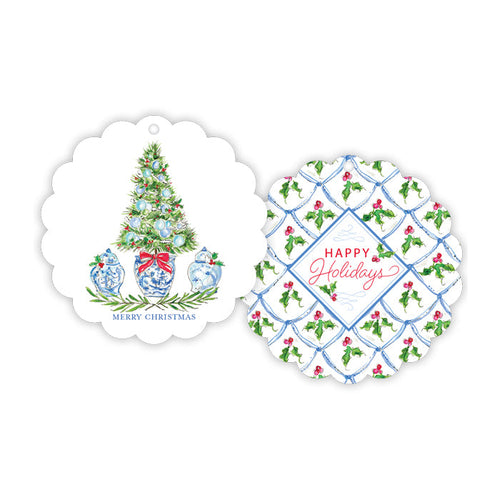 Blue Holiday Tree with Ginger Jars Scalloped Gift Tags