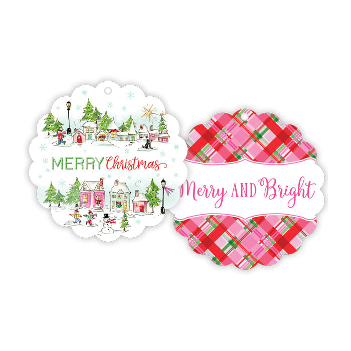 Pink Snowy Village Scalloped Gift Tags