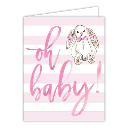 Pink Stripe Bunny Oh Baby Folded Greeting Card