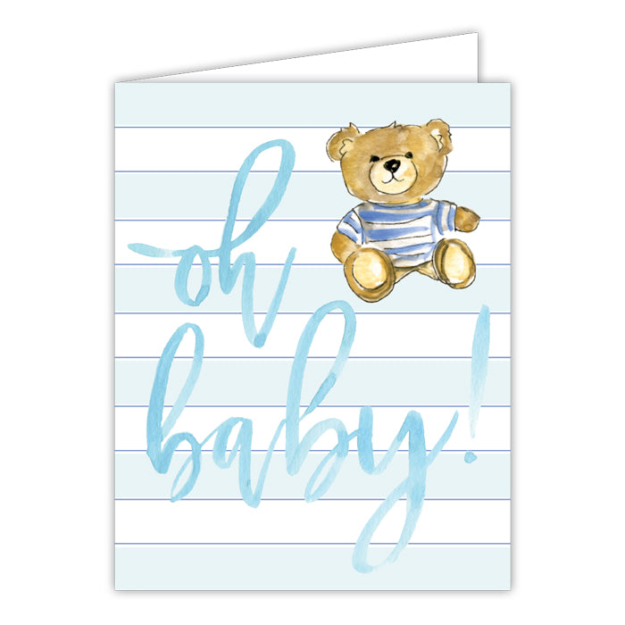 Blue Stripe Teddy Bear Oh Baby Folded Greeting Card