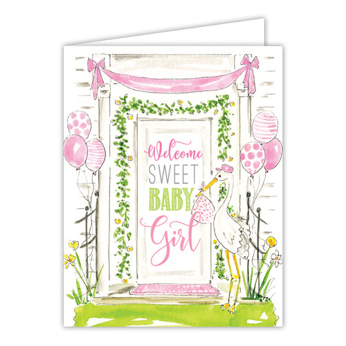 Welcome Sweet Baby Girl Door Pink Folded Greeting Card