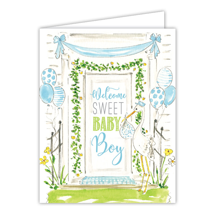Welcome Sweet Baby Boy Door Blue Folded Greeting Card
