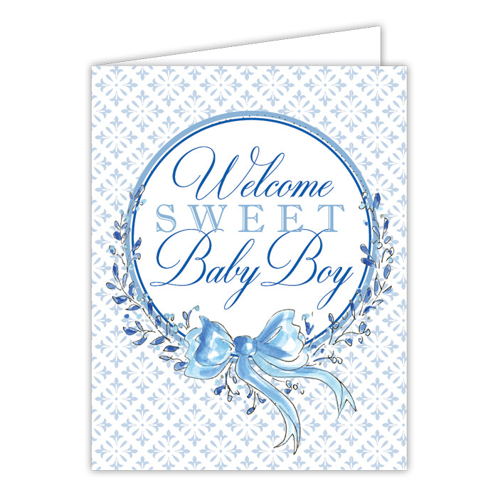 Welcome Sweet Baby Blue Wreath Small Folded Greeting Card