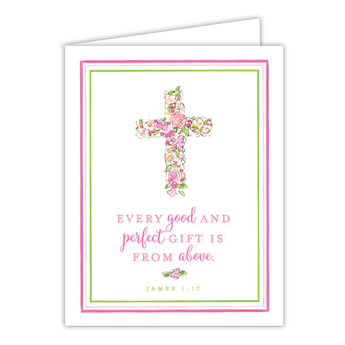 Every Good And Perfect Gift Is From Above Pink Floral Cross Small Folded Greeting Card