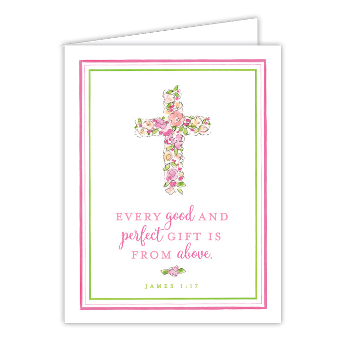 Every Good And Perfect Gift Is From Above Pink Floral Cross Small Folded Greeting Card