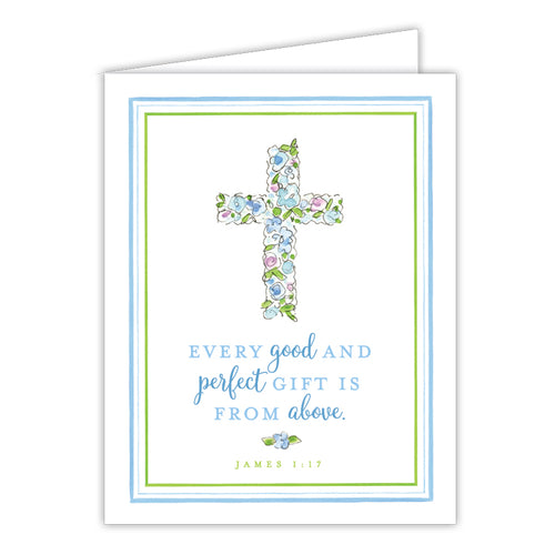 Every Good And Perfect Gift Is From Above Blue Floral Cross Small Folded Greeting Card
