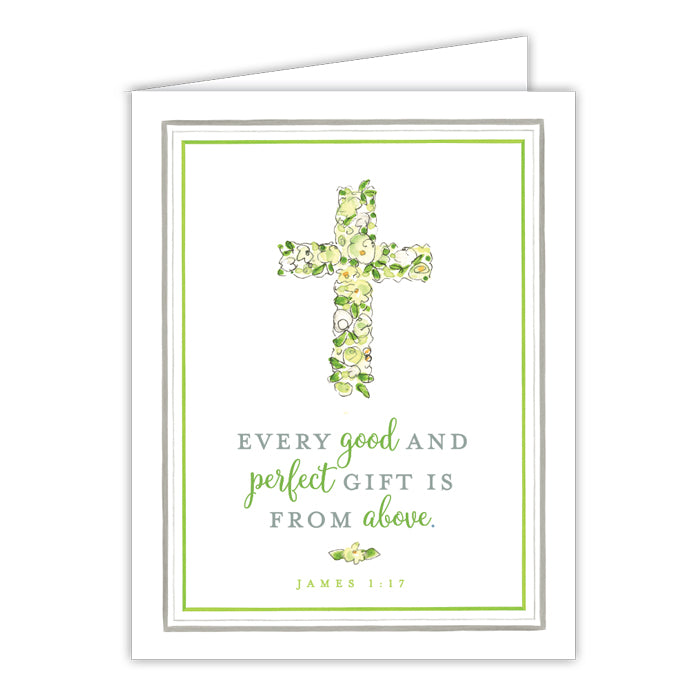 Every Good And Perfect Gift Is From Above Green Floral Cross Small Folded Greeting Card