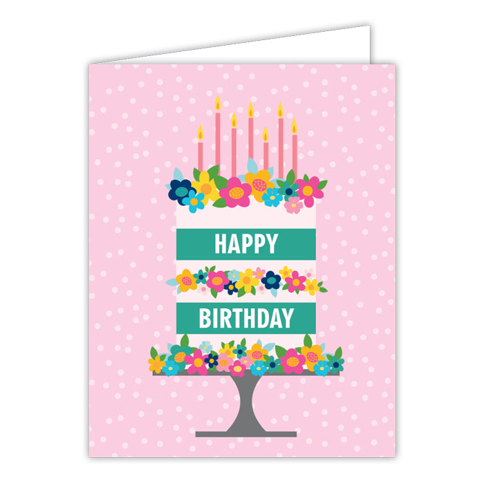 Happy Birthday Cake and Flowers Small Folded Greeting Card