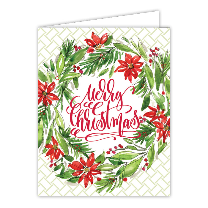 Merry Christmas Holiday Poinsettia Wreath Greeting Card