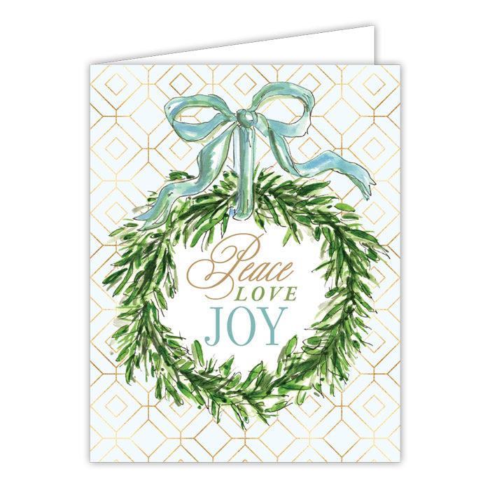 Peace Love Joy Holiday Greenery Wreath Greeting Card