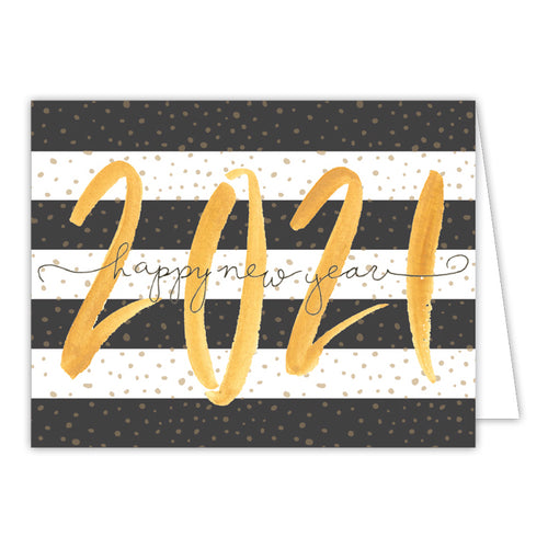 2021 Happy New Year Black and White Stripes Small Folded Greeting Card