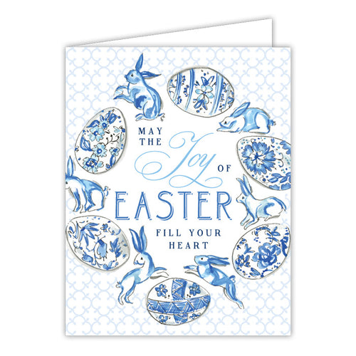 May The Joy of Easter Fill Your Heart blue Bunnies and Eggs Small Folded Greeting Card