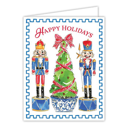Happy Holidays Handpainted Nutcracker Duo with Topiary Tree Greeting Card