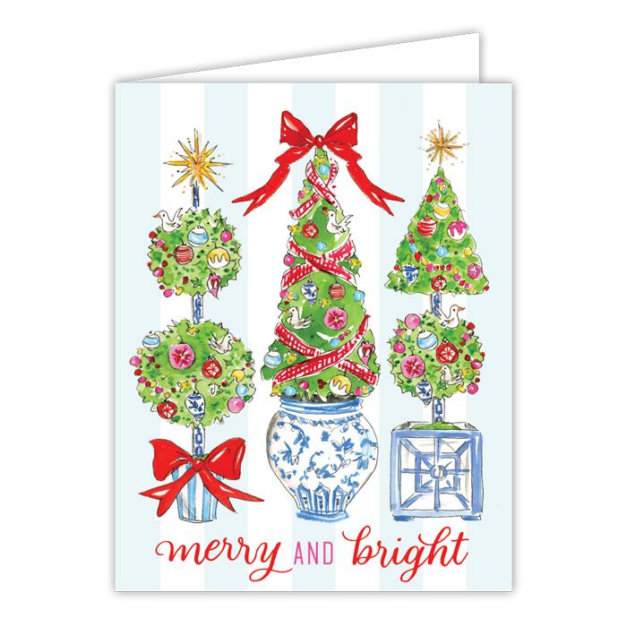 Merry and Bright Handpainted Holiday Topiary Trio Greeting Card