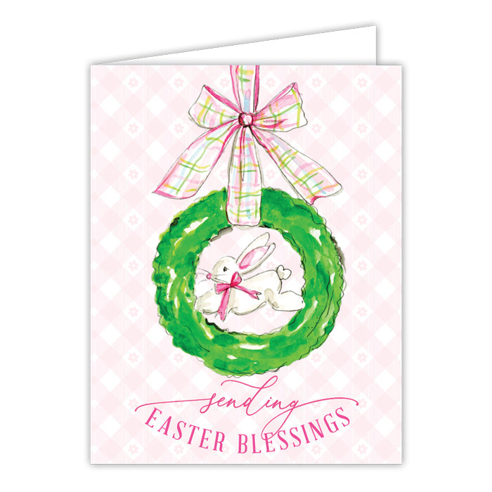 Sending Easter Blessings Handpainted Bunny in Wreath Greeting Card