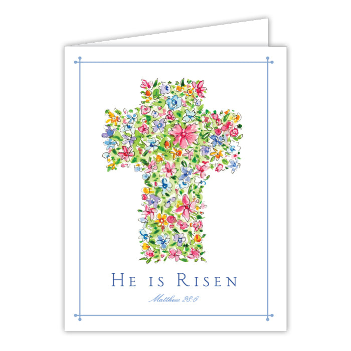 He Is Risen Matthew 28.6 Handpainted Floral Cross Greeting Card