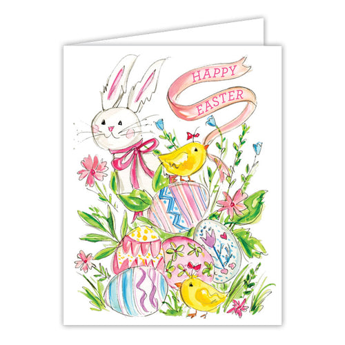 Happy Easter Handpainted Bunny with Eggs and Chics Greeting Card