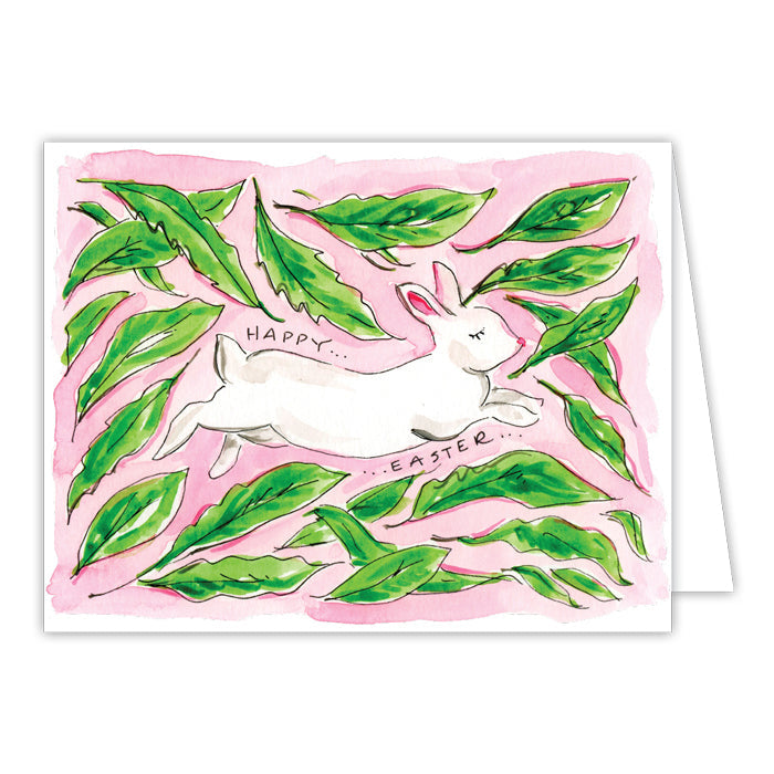 Happy Easter Handpainted Bunny with Leaves Greeting Card
