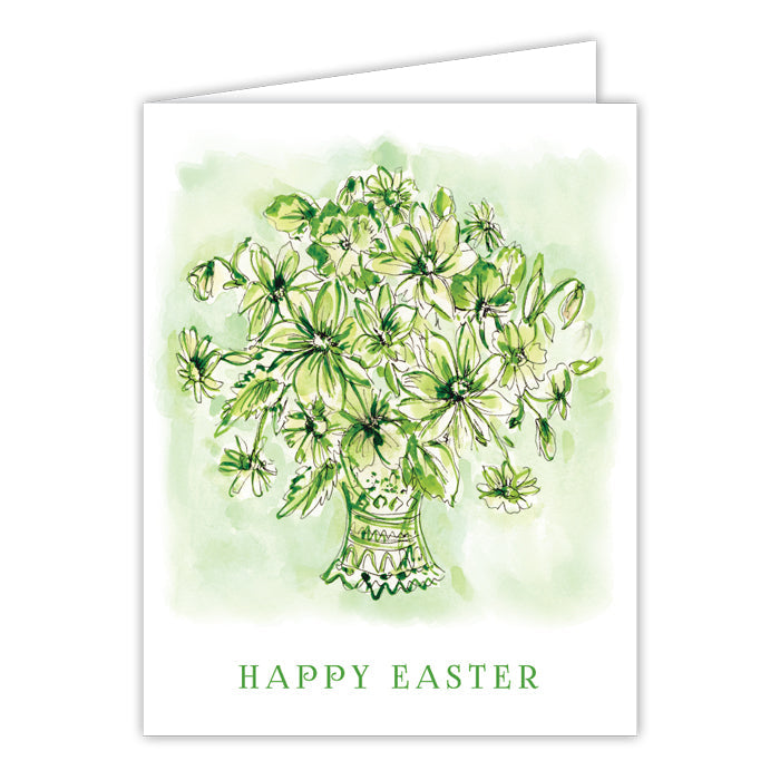 Happy Easter Handpainted Green Vintage Flowers in Chinoiserie Pot Greeting Card