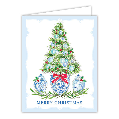 Blue Holiday Tree with Ginger Jars Greeting Card