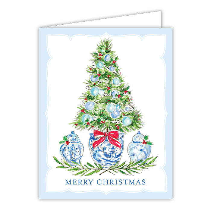 Blue Holiday Tree with Ginger Jars Greeting Card