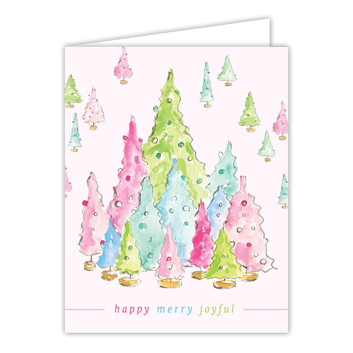 Merry Happy Joyful Pastel Holiday Trees Greeting Card