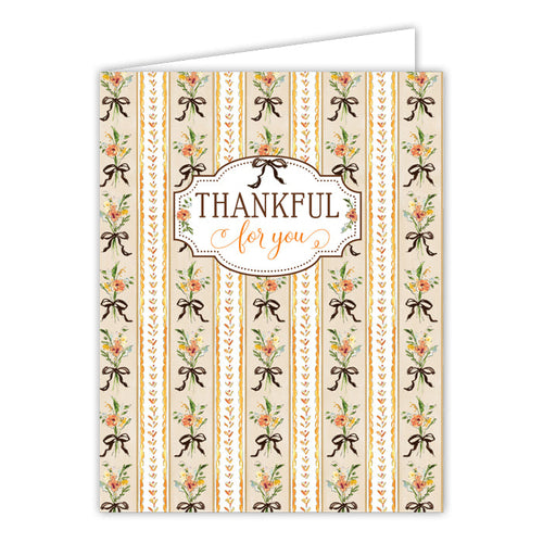 Thankful For You Fall Florals Stripe Pattern Brown Greeting Card