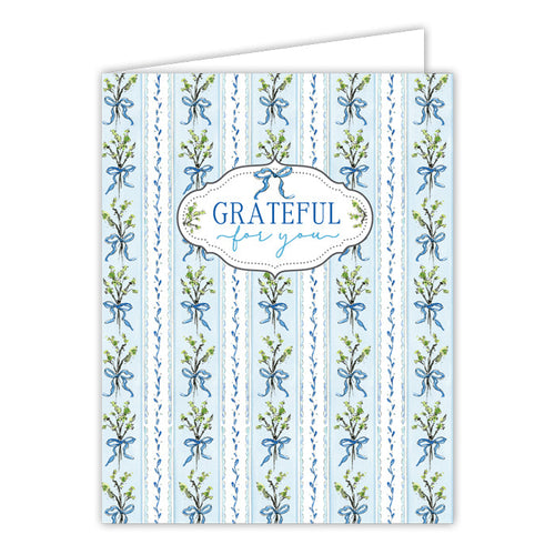 Grateful For You Fall Florals Stripe Pattern Blue Greeting Card