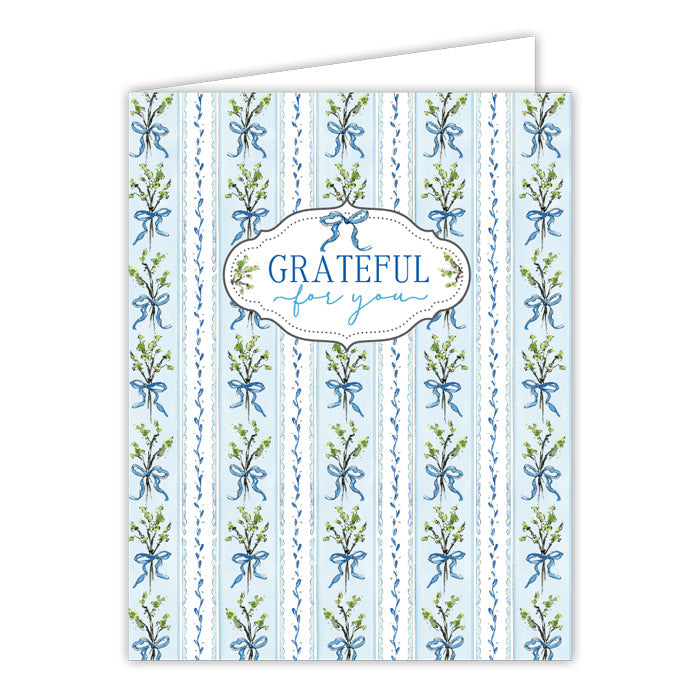 Grateful For You Fall Florals Stripe Pattern Blue Greeting Card